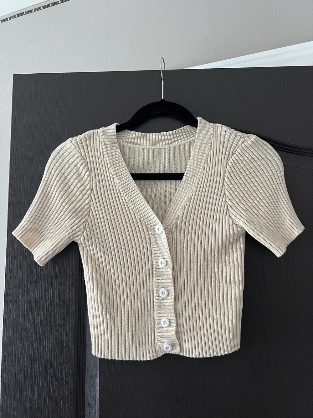 Ribbed Short Sleeve Button-Front Top — Cream